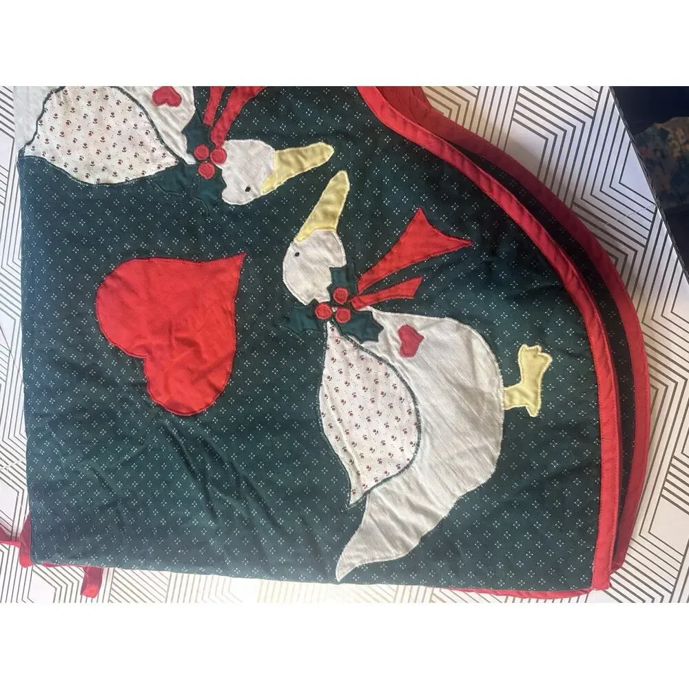Handmade Vintage Quilted Cottage Christmas Goose Tree Skirt Country Farmhouse